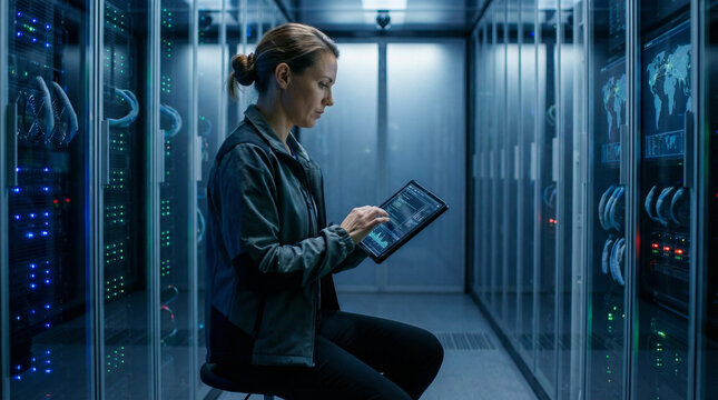 Female engineer Monitoring racks of servers in modern data center. enterprise IT operations, network management, cybersecurity and digital infrastructure in secure high-tech environment.
