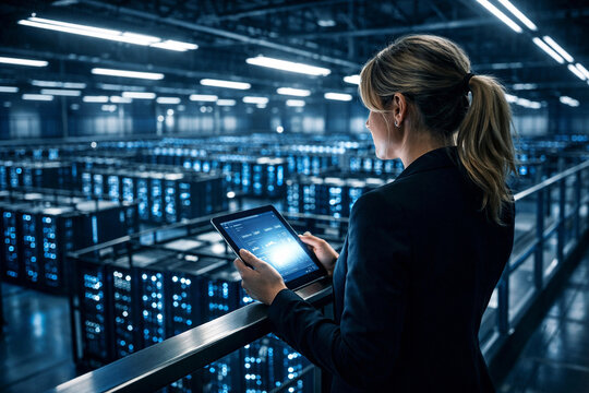 Female engineer Monitoring racks of servers in modern data center. enterprise IT operations, network management, cybersecurity and digital infrastructure in secure high-tech environment.