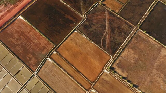 Drone shot of geometric salt evaporation ponds in the Kampot region, Cambodia, displaying earthy tones and distinct field patterns.