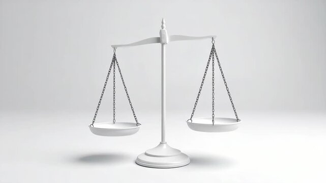 Minimalist white scales of justice on a clean background representing balance fairness and the legal system equality