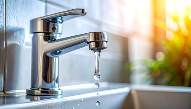 A shiny faucet with water droplets on a sink