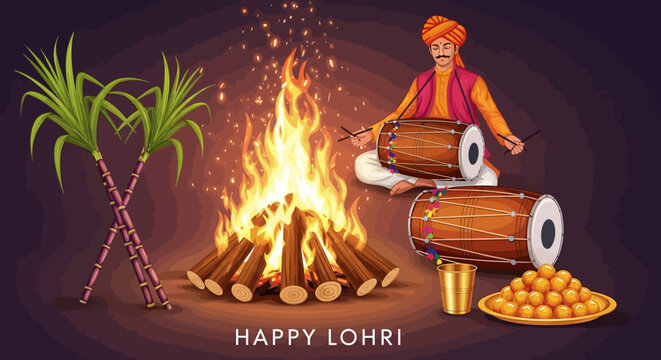 Lohri Festival Bonfire Celebration with Traditional Dhol Player, Sugarcane & Ladoo