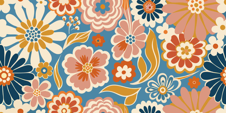 Retro floral pattern with stylized blooms in warm and cool tones