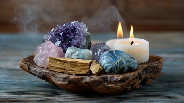Healing crystals arranged with burning palo santo on wooden altar, smoke curling around stones, positive energy ritual, calming spiritual setup for meditation, soft defocused backg
