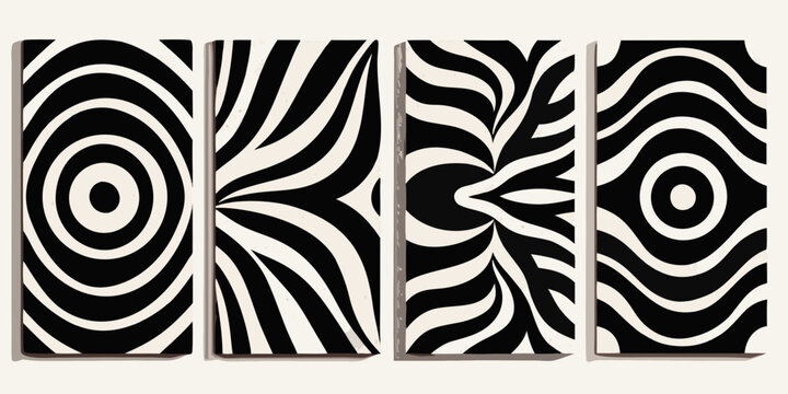 Optical illusion art featuring four black and white patterned panels
