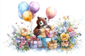 Fototapeta premium A funny bear sits among wrapped gifts with colorful balloons. Flowers surround the scene, adding to the cheerful atmosphere of the happy event taking place outside