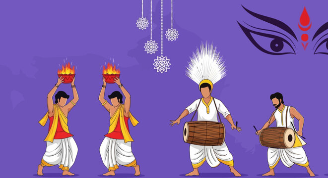 Durga Puja Festivities: Dhunuchi Dance, Dhak Drummers & Goddess Eyes Illustration for Bengali Celebrations