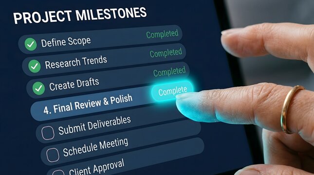 Project Milestones Checklist on Laptop Screen: Planning, Task Completion, Progress