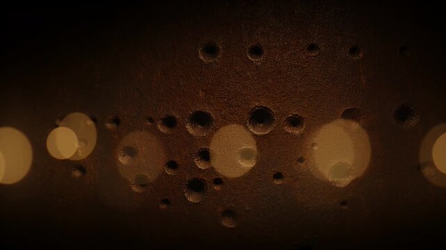 Textured surface with craters and blurred lights