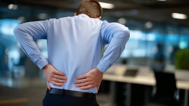 Office worker rubbing lower back in discomfort, faceless, workplace health concern, sedentary lifestyle effect, professional office interior defocused with copy space