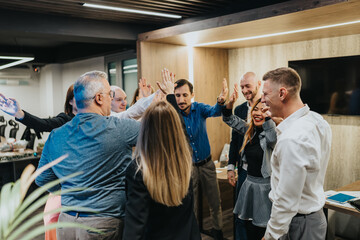 Obraz premium A diverse team of coworkers exchange high fives in a bright, contemporary office. They celebrate a shared achievement in a collaborative workspace.
