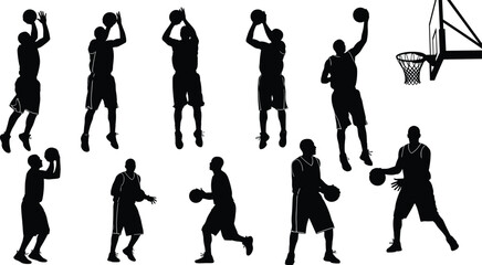 Vector illustration of stylized basketball players dribbling, shooting, passing, and dunking symbolizing sport, culture, teamwork, and education © Nahl