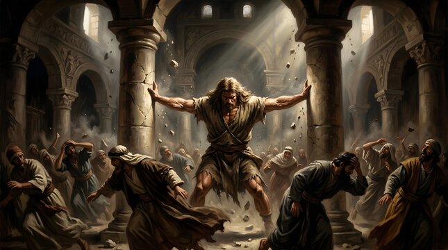 Samson Destroying Temple Hall With Columns, Dramatic Scene, Ancient Architecture, People Fleeing