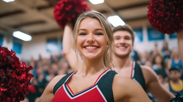 Side angle of faceless cheerleaders smiling and supporting team, red and black coordinated uniforms, basketball players blurred in background, gymnasium environment emphasizing che