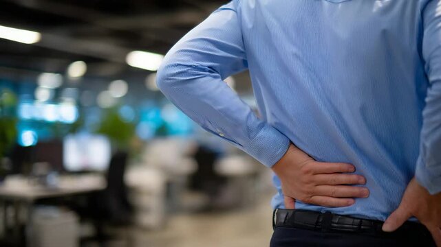 Side view of faceless person pressing lower back, office syndrome visualization, prolonged sitting discomfort, ergonomic problem awareness, defocused desk and office furniture in b
