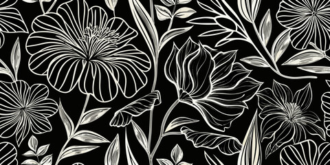Elegant black and white floral pattern featuring stylized botanical illustrations © Tarun