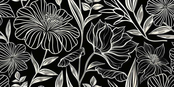 Elegant black and white floral pattern featuring stylized botanical illustrations