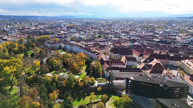 Aerial view of Graz, a captivating blend of architectural grandeur and verdant landscapes, showcasing the city's unique charm, Graz, Styria, Austria.