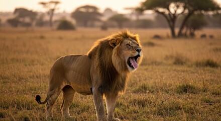 Obraz premium Powerful Male Lion Roaring in the African Savanna with Golden Sunset Lighting