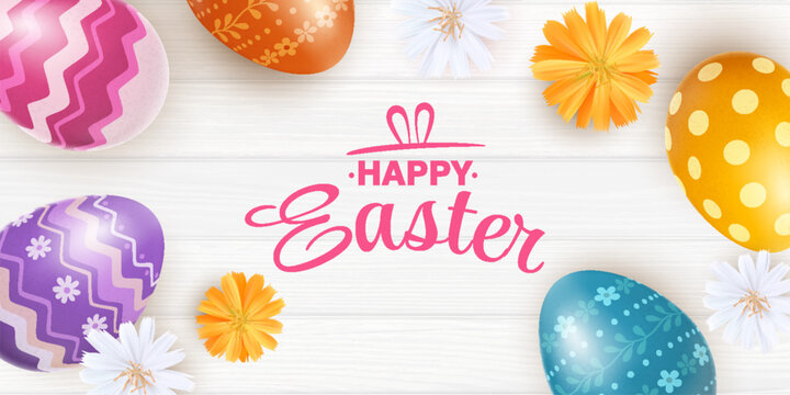 An Easter banner featuring colorful decorated eggs and spring flowers on a white wooden background. The festive design includes the words Happy Easte and space for text.