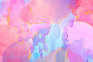 Abstract colorful background with watercolor spots and golden splashes.