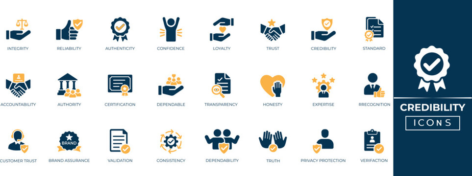 Credibility trust solid icon set for quality assurance, brand reliability, compliance, security verification, and customer satisfaction. Solid vector icon collection.