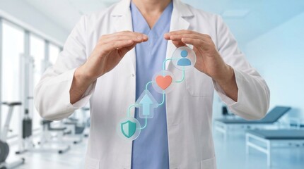 Fototapeta premium doctor, healthcare, medical, health insurance, patient care, protection, wellness concept with physician holding digital icons in a clinic representing security and growth.