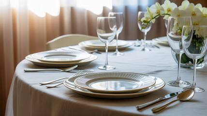 Elegant dining table set for a formal dinner event indoors with fine china and flowers