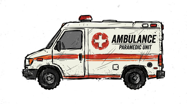 Hand-drawn ambulance vehicle with red cross emblem and text
