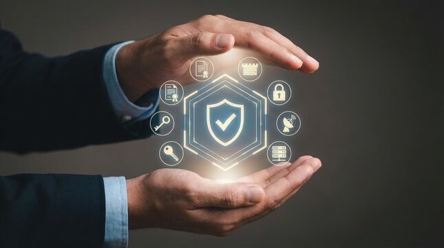 Cybersecurity, Data protection, Network security, Digital safety, Information privacy, Cloud protection, Cyber defense. Businessman hands cupping a glowing secure digital shield.