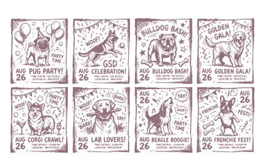 Obraz premium Event Vertical Posters Template Realistic Dogs Different Breeds Celebration Comic Collage Pet Pug German Shepherd Bulldog AUG 26 Set