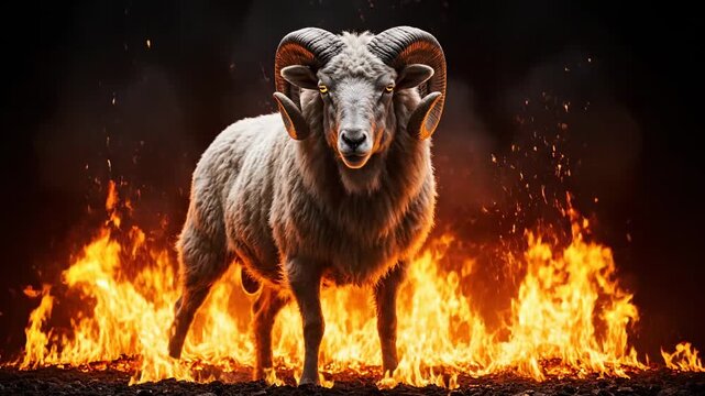 A majestic ram stands in a ring of flames, facing the viewer