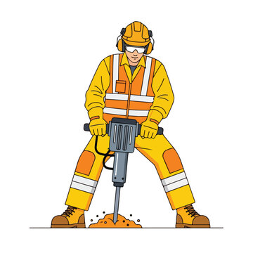 A cartoon illustration of a construction worker in a yellow and orange uniform operating a jackhammer on the ground with a solid white background.
