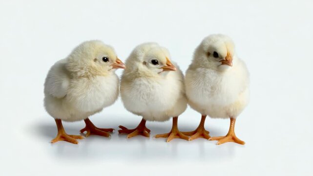 Three fluffy little yellow baby chicks standing together on a clean white background in a studio setting