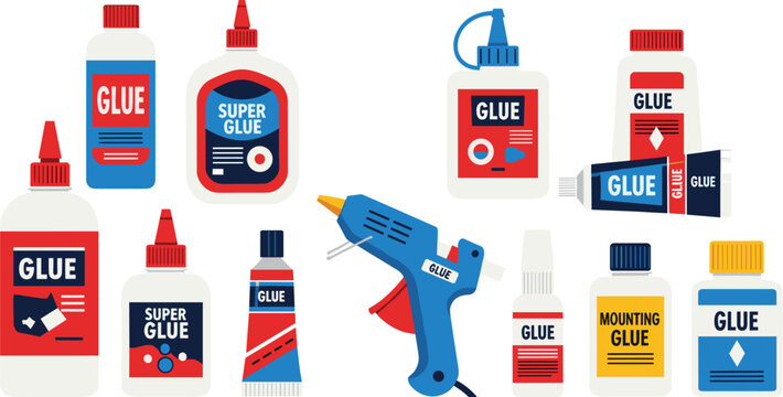 Glue and adhesive products vector collection with super glue bottles tubes and hot glue gun