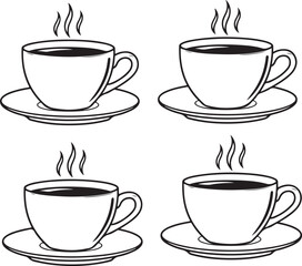 Obraz premium Four black and white line of steaming coffee cups on saucers hot drink beverage