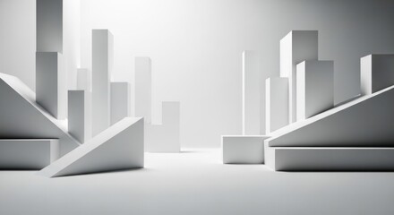 Fototapeta premium A minimalist cityscape with white buildings and a clear sky, featuring a modern design with geometric shapes and clean lines.