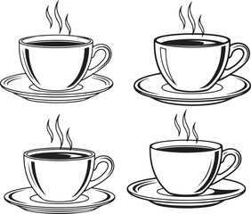 Obraz premium Four steaming cups of coffee or tea on saucers in black and white line coffee cup tea cup hot drink beverage