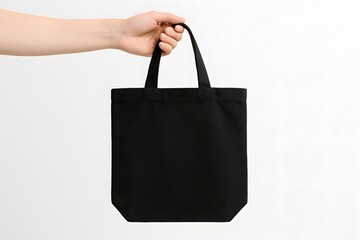 Hand holding plain black tote bag on white background for fashion mockups and branding