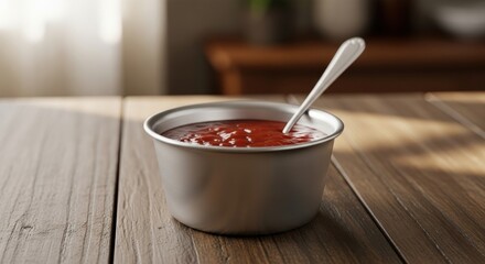 a silver bowl filled with red sauce and a spoon on a wooden table in a room with natural lighting an