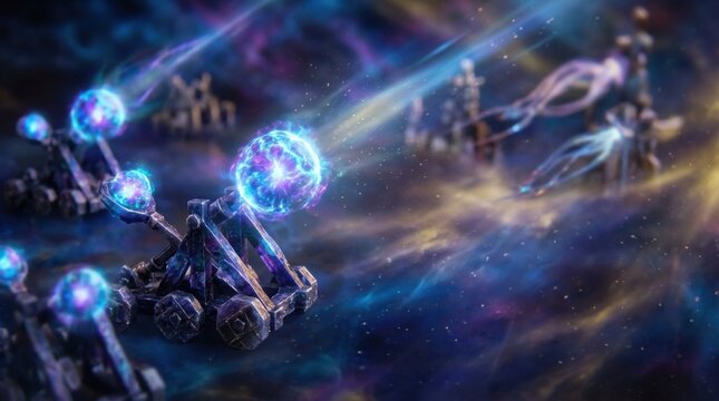 Fantasy catapult launches glowing cosmic orb through a vibrant nebula
