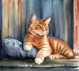 Obraz premium Watercolor illustration of a cute ginger cat lying on a gray-blue pillow against a wooden wall (Hand drawn, NOT AI)