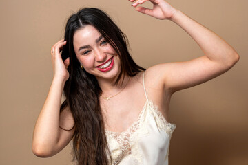 Fototapeta premium Young woman smiling, enjoying healthy skincare lifestyle