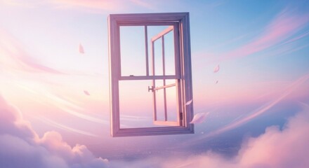 An open window with a view of a serene, ethereal sky filled with soft, pastel clouds and a gentle, ethereal light, casting a warm glow over the scene. 
