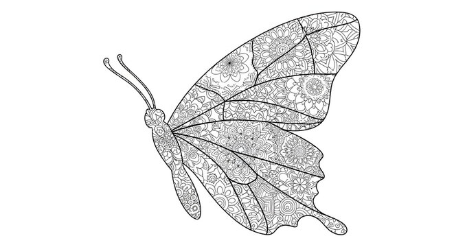 Black and white butterfly with floral pattern on wings and body isolated on white background transparent background