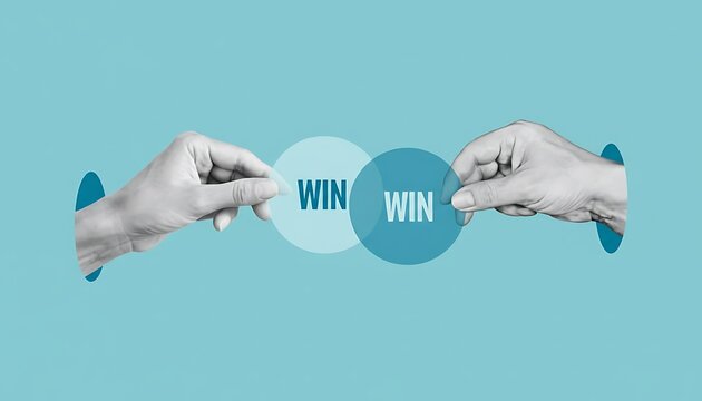 Hands reaching toward overlapping WIN WIN circles symbolizing win-win partnership, negotiation, teamwork and mutual benefit featuring winwin, collaboration, cooperation with agreement and deal