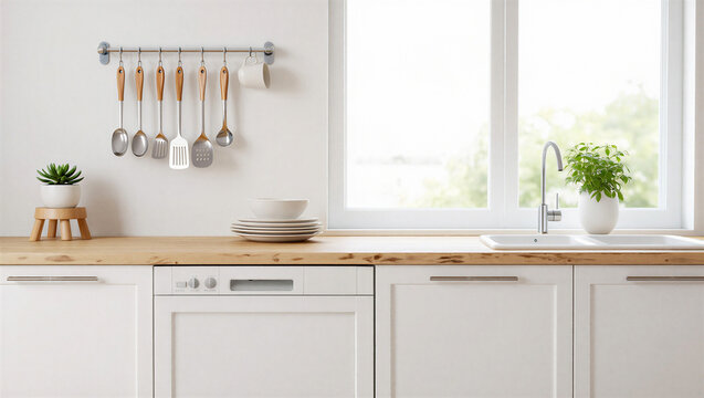 Clean Kitchen Countertop with Sink, Wooden Detail, and Hanging Utensils by Bright Window