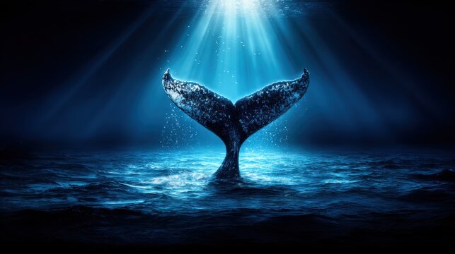 Majestic sperm whale tail emerging from deep blue ocean waters as sunlight streams down