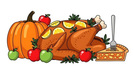 A festive illustration of a harvest table featuring a turkey and seasonal foods.