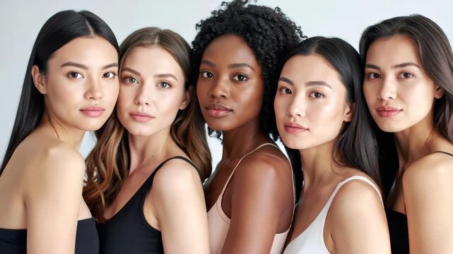Portrait of five diverse young multiethnic women with natural makeup and glowing skin standing together in a studio setting